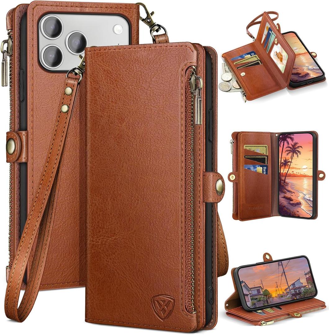 XcaseBar compatible with iPhone 17 Pro Max 6.9" Wallet case with Zipper Credit Card HolderRFID Blocking,Flip Folio Book PU Phone case Shockproof Cover Women Men for Apple 17 Pro Max case Light Brown