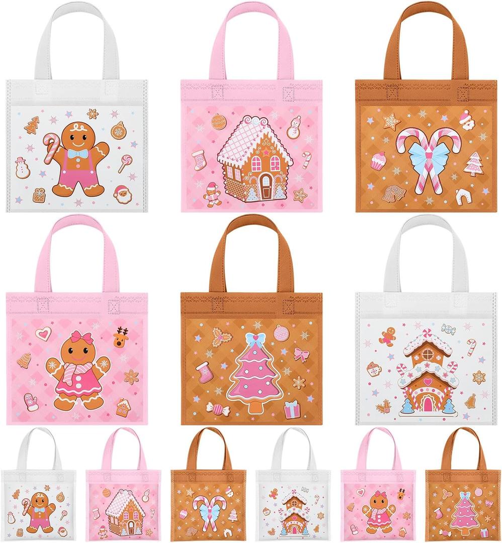 Yoojahow 24 Pcs Christmas Tote Bags Pink Gingerbread Man Goodie Bags with Handles Nonwoven Reusable Candy Pink Christmas Gift for Wrapping Shopping Holiday Party Supplies Favor (1 Count (Pack of 24))