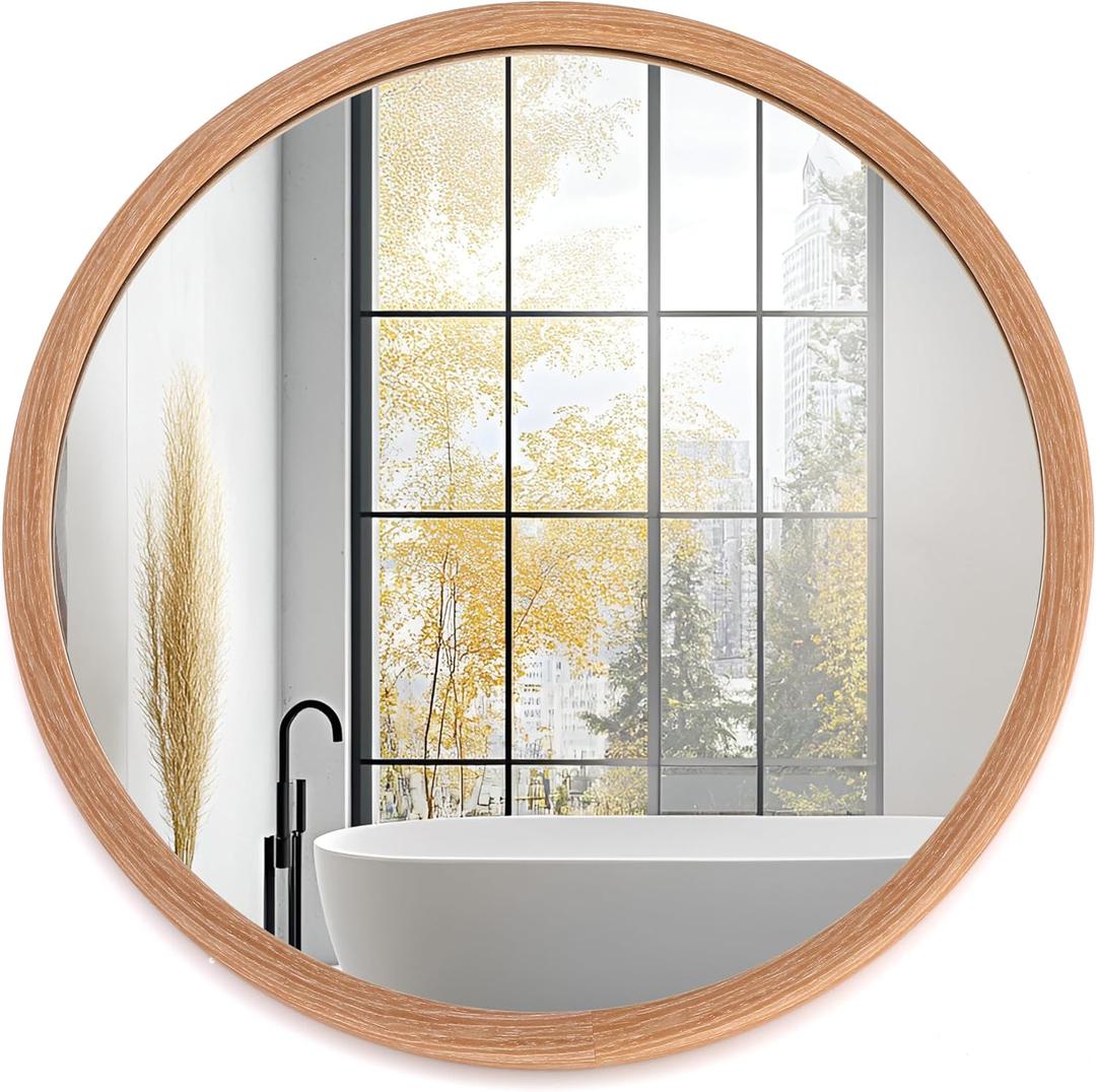 LVMU Round Oak Woodgrain Frame Wall Mirror 20 Inch Rustic Farmhouse | Decorative Brown Circle Mirrors for Bathroom Hanging Vanity Mirror Hallway Entryway Bedroom (Oak, 20"L x 20"W)