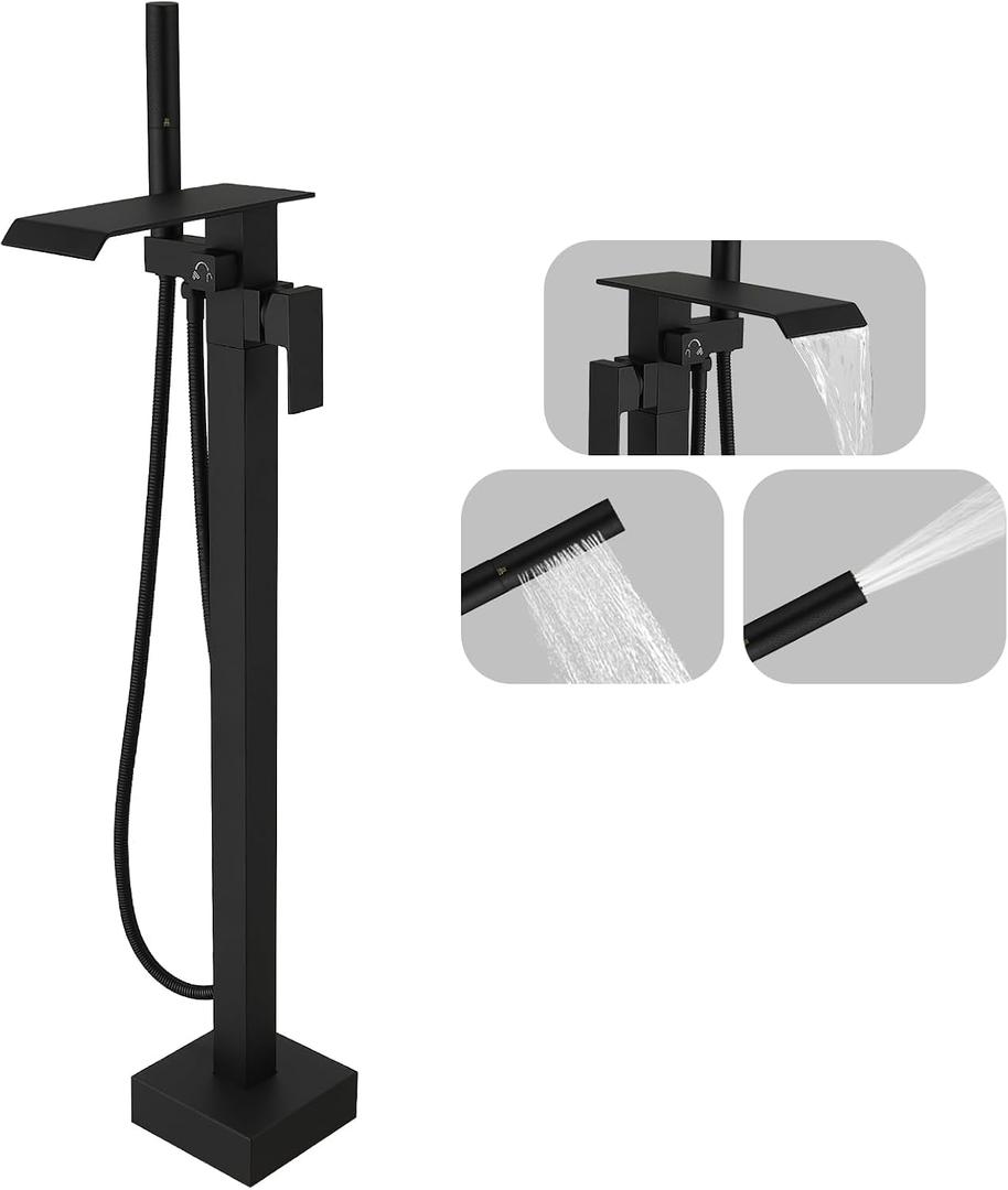 Matte Black Freestanding Waterfall Bathtub Faucet High Flow Standing Tub Filler Floor Mount Brass Stand Bathtub Filler Single Handle Bathroom Floor Mounted Tub Faucets with Handheld Shower