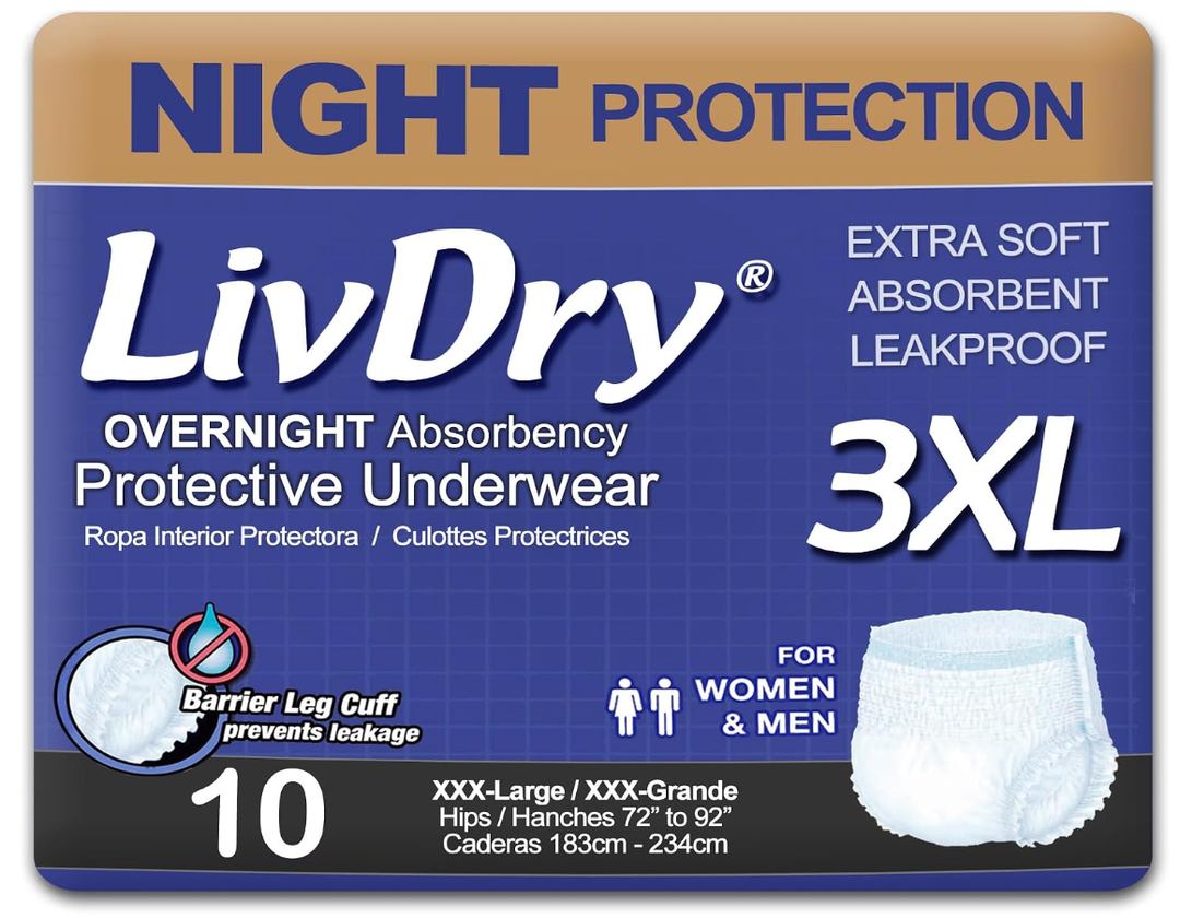 LivDry 3XL Overnight Adult Diapers for Women and Men, XXXL Incontinence Underwear, 72”-92" Waist, Disposable Pull-On Briefs, XXX-Large, 40 Pieces