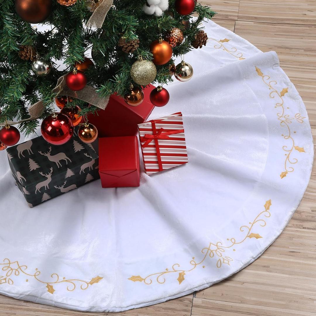 48inch Christmas Tree Skirt White Luxury Velvet Plush Fur Skirts with Gold Embroidery Xmas Velvet Tree Skirt Holly Leaves Gold Embroidered Trees Skirts for Christmas Holiday Party Decorations