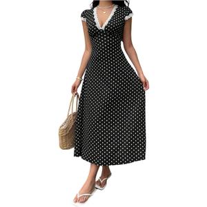 Milumia Women's Polka Dots Lace Trim Deep V Neck Dress Short Sleeve Flared Long Dresses (Black)