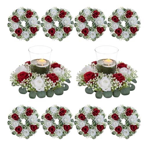 BLOSMON Wedding Table Flower Centerpiece: 10 Pcs 14 Inch Diam Large Crimson White Rose Babys Breath Artificial Flowers Candle Rings Wreaths for Home Party Table Decor Spring Floral Wreath
