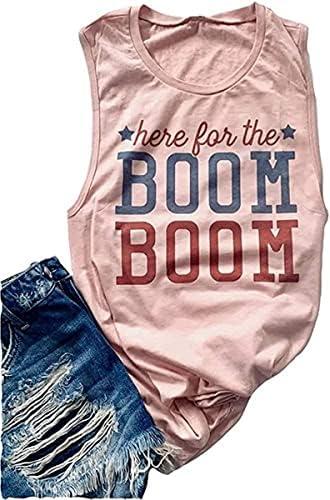 kfulemai Women's Here for The Boom Tanks Tops 4th of July Shirts Graphic Tee Patriotic Independence Day Sleeveless Shirt, M