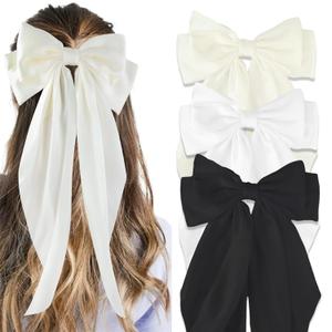 Canitor Hair Bows for Women Silky Satin Hair Ribbon Hair Barrettes Clip Oversized Long Tail Black White Hair Bows Cute Aesthetic Coquette Hair Accessories Preppy Teen Girl Gifts Trendy Stuff Things