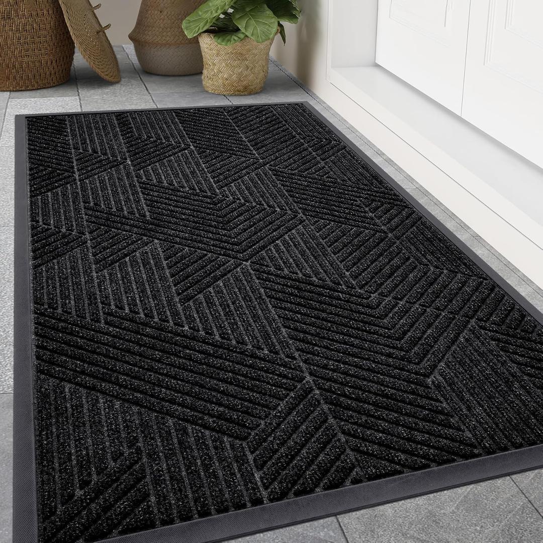 Smiry Front Door Mat Outside Entrance, Heavy Duty Sturdy Natural Rubber Doormat, Trap Dirt and Moisture, Easy Clean Low Profile Mats for Indoor Outdoor Entry, Irregular Triangle (59x30, Black)