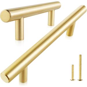 QOGRISUN 2-Pack Solid Brass Cabinet Pulls, Gold Euro Style T Bar Handles, 3-Inch Hole Center for Kitchen Drawer Dresser Cupboard, 4.9-Inch Total Length, Brushed Brass Finish