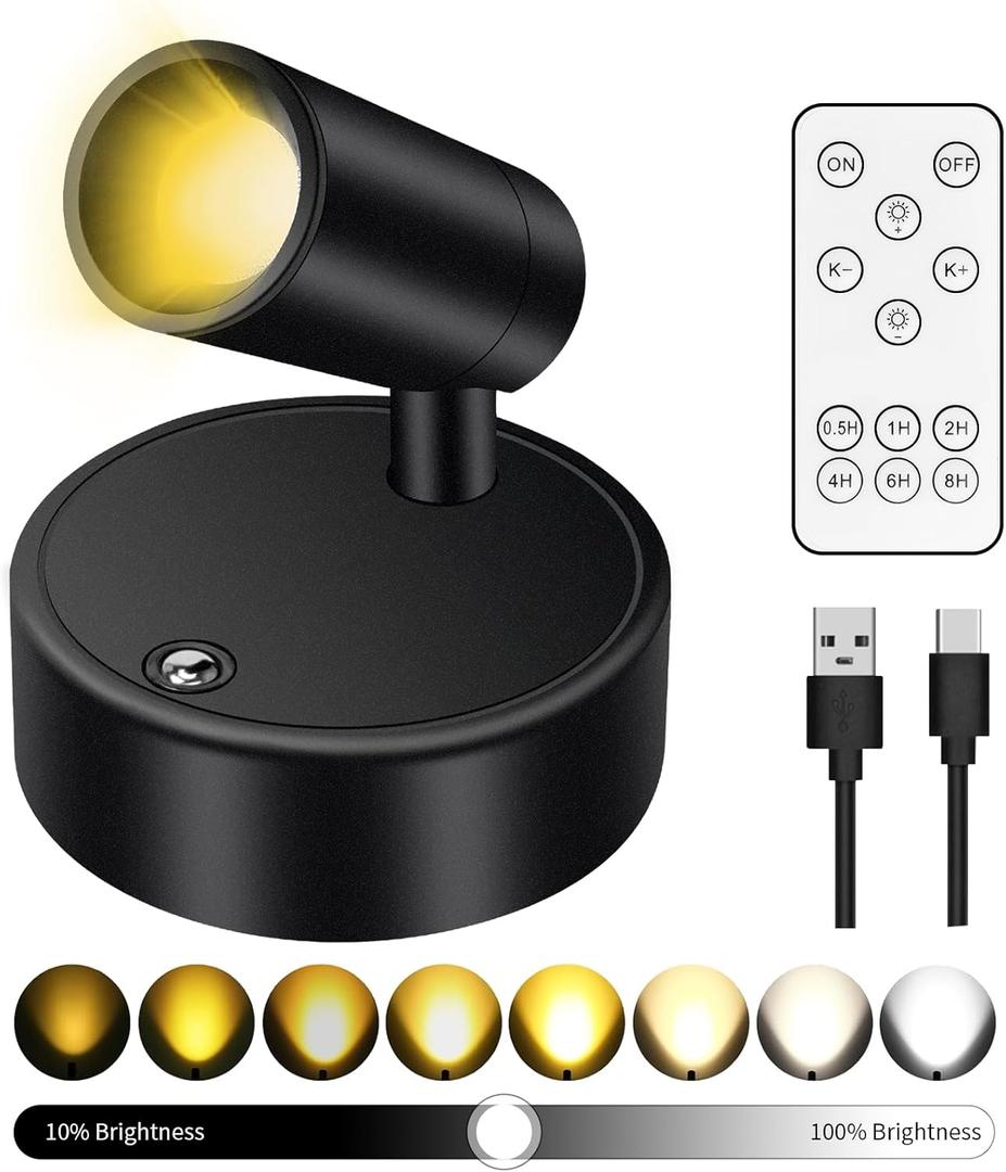 Battery Operated Spot Lights Indoor: 20-120Hrs Battery Life Wireless Spotlight with Stepless Color Temperature & Stepless Dimming & Timer, LED Accent Lighting with Remote for Plant Picture Wall Floor (Black-1 Pack)