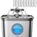 Stainless Steel Cat Water Fountain, 2.8L with 20dB Ultra-Quiet Pump- Ideal for Timid Pets, LED Water Level Window, Dishwasher Safe, 24/7 Circulation- Includes 9 Replacement Filters