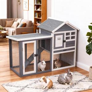 GEGURI Large Rabbit Hutch Indoor Outdoor Chicken Coop Wooden Bunny Cage with Waterproof Roof (48''L x 24''W x 36''H Grey)