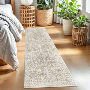 Vintage 2x7 Runner Rug, Beige Washable Runners for hallways, Super Soft Kitchen Runner Rug Non Slip, Print Faux Wool Floral Thin Carpet Runner for Entryway Indoor Bedroom Bedside Runner
