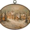 XNXLDYLH Vintage Winter Christmas Scene Oval Framed Wall Art Decor, Winter Christmas Town Village Cabin Cottage Hanging Wall Decor Decorations, Country Farmhouse Canvas Prints Art Paintings,11.5x8.5In