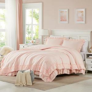 Cupocupa Blush Pink Comforter Set Queen, 3Pcs Comforters Queen Size Ruffle Farmhouse Bedding Sets Queen with Comforter, Lightweight Soft Shabby Chic Bedding Comforter Set Fluffy for All Season
