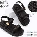 LUCKY STEP Women's Raffia Platform Wedge Sandals Open Toe Slingback Sandals Adjustable Double Strap Beach Sandals (Black, 10)