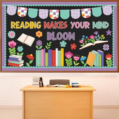 Naozinebi Reading Makes Your Mind Bloom Bulletin Board Set Spring Theme Flower Classroom Decoration Retro Book Floral Cutouts for Schools Library Office Wall Chalkboard Back to School Decor Supplies