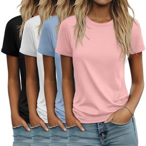 Ficerd 4 Pack Women's Cotton T Shirts Casual Short Sleeve Tunic Tops Crewneck Plain Summer Loose Fit Rolled Sleeve Basic Tee (Large, Black, White, Macaron Blue, Light Pink)