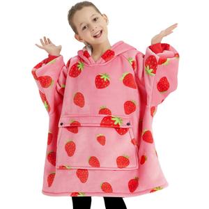 KFUBUO Wearable Blanket Hoodie for Kids Sherpa Patterns Oversized Sweatshirt Blanket With Pocket 6-10 Year Old Girl Cute Hoodies Gift Strawberry