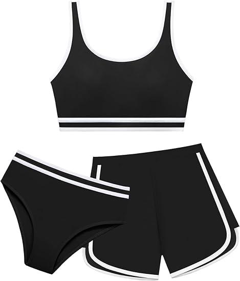Girl 3 Piece Swimsuits Bathing Suit High Waist Color Block Bikini Set with Shorts Swimwear for Size 13-14 Years