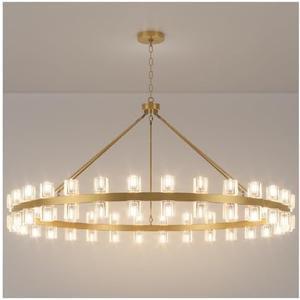 60 Inch Gold Wagon Wheel Chandelier with Crystal Shade, 60 Lights, Modern Farmhouse Style, Ideal for Dining Room, Kitchen, Entryways