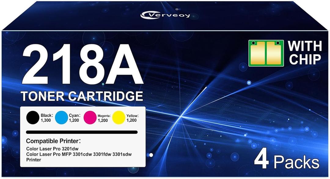 218A Toner Cartridges 4 Pack (with CHIP) Replacement for HP 218A 218X Toner W2180A Black W2181A W2182A W2183A for Color Laserjet Pro MFP 3301fdw 3301sdw 3201dw Printer (4-Pack, BK/C/M/Y)