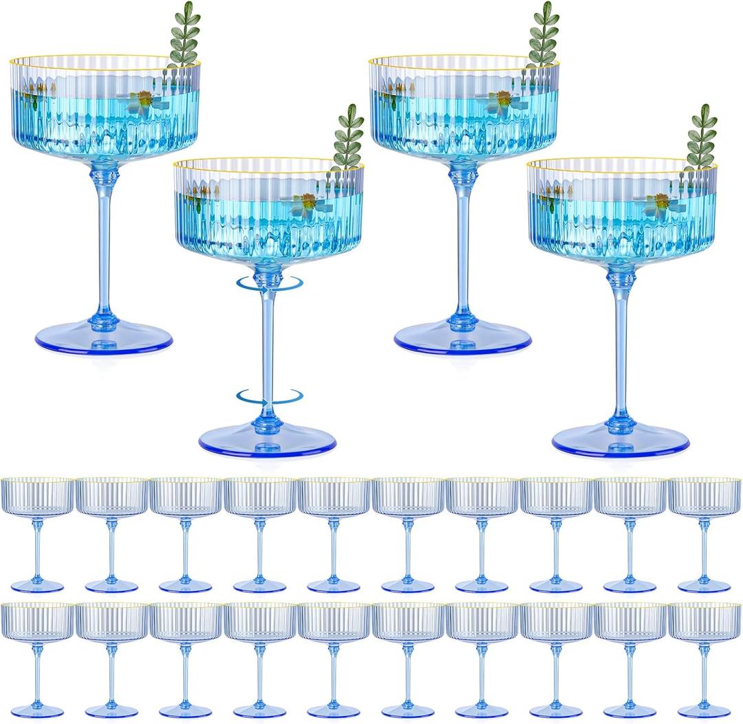 24 PCS Plastic Champagne Coupe Cup Ocean Blue Ribbed Coupe Glasses 10oz Detachable Gold Rim Espresso Martini Glass Vintage Margarita Glassware Cocktail Glass Set for Baby Shower Hanukkah