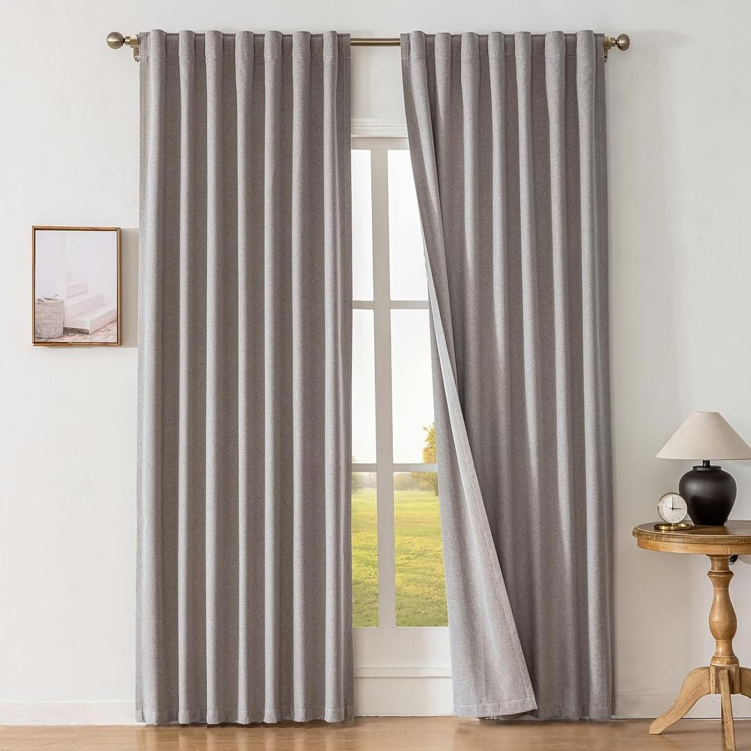Greyish Taupe 100% Blackout Curtains 63 Inch Length, Linen Light Blocking Drapes for Bedrom, Thermal Insulated Window Curtain Panels, Small Room Darkening Shades (50"W x 63"L (Pack of 2), Rod Pocket & Loops | Taupe)