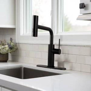 ANDY STAR Black Kitchen Faucet with Pull Down Sprayer, 3 Modes Function Waterfall Kitchen Faucets with 360° Swivel, Stainless Steel Single Handle Modern Rv Kitchen Sink Faucet with CEC Certified