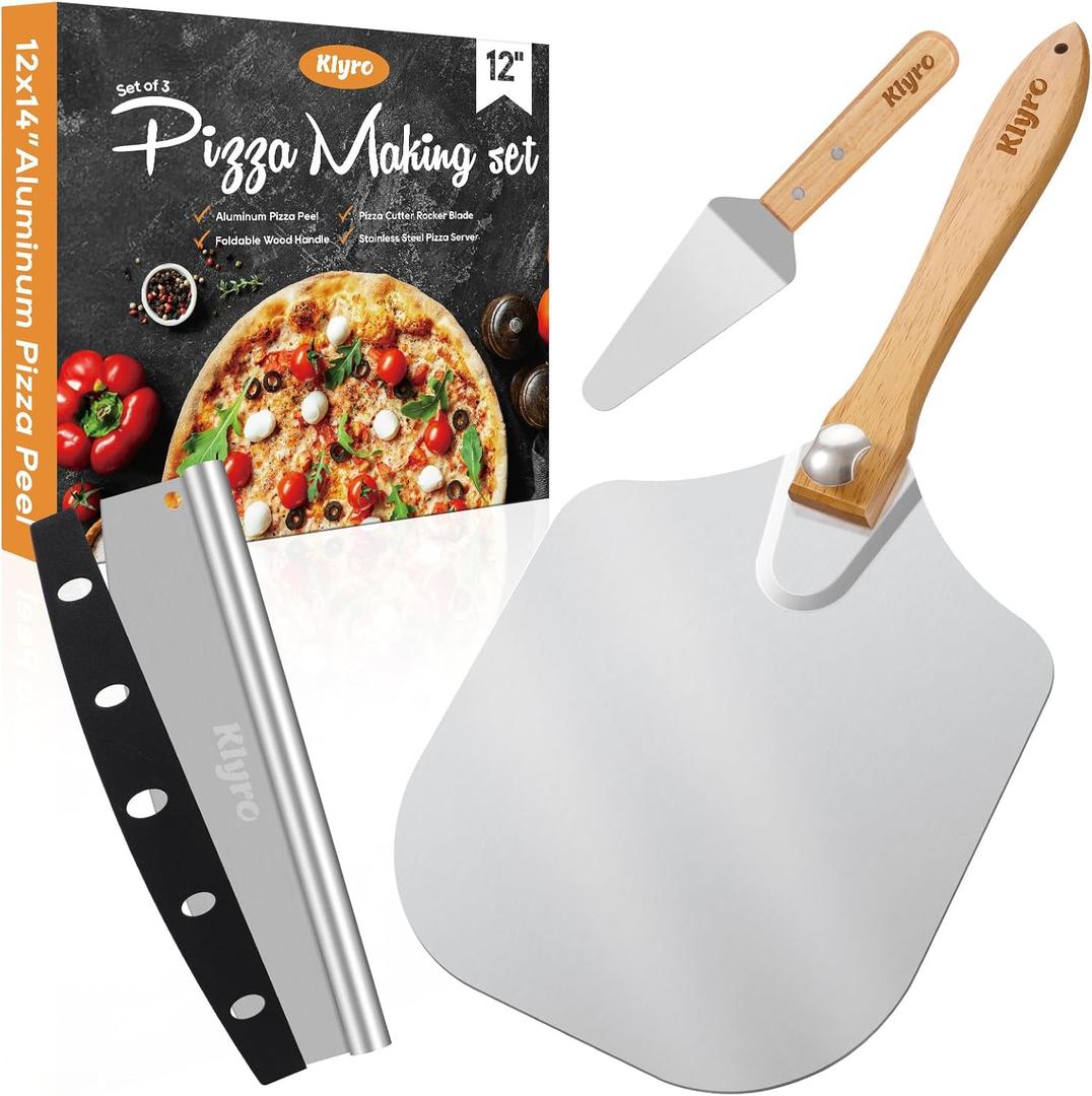 Pizza Peel Aluminum Pizza Spatula Set, 12 x 14 Inch Metal Pizza Paddle with Foldable Wooden Handle, Pizza Rocker Cutter, Pizza Server, Pizza Oven Accessories for Baking Homemade Pizza Bread