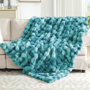 Ultra Plush Bubble Faux Rabbit Fur Blanket  950GSM Thick Fluffy Throw Blanket for Bed, Couch, Sofa, or Gift, 50"  60", Tie-dye Teal