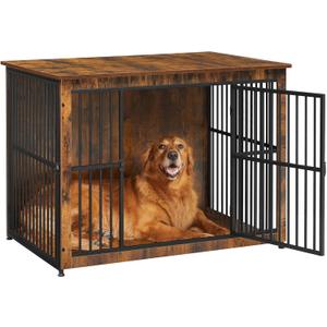 Feandrea Dog Crate Furniture, 43.3" Side End Table, Modern Kennel for Dogs Indoor up to 80 lb, Heavy-Duty Dog Cage with Enclosed Base, Double-Door Dog House, Rustic Brown UPFC024X01
