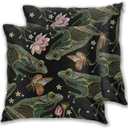 Vintage Frogs Lotus Flowers and Butterfly Throw Pillow Cover Set of 2 Decorative Square Pillowcase Throw Cushion Case for Bedroom, Living Room, Sofa, Couch and Bed, 18 x 18 Inches
