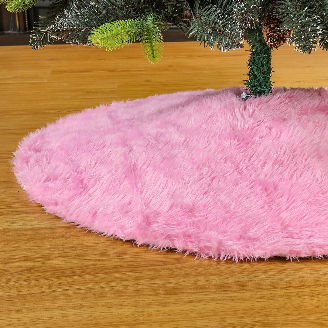 Sattiyrch Small Christmas Tree Skirt 18in, Faux Fur Pink Xmas Small Tabletop Christmas Tree Skirt (Pink Faux Fur, 18in)