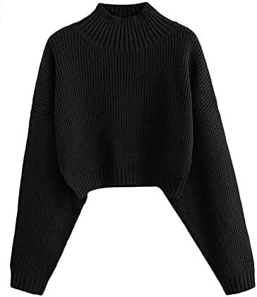 ZAFUL Women's Cropped Turtleneck Sweater Lantern Sleeve Ribbed Knit Pullover Sweater Jumper, Black, Size M