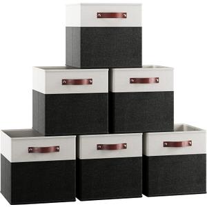 Ornavo Home 11 x 11 Storage Cube Bins, Foldable Collapsible Fabric Storage Bins Box Linen Shelf Basket Cube Organizer for Closet with Leather Handles, 6 Pack, White/Black
