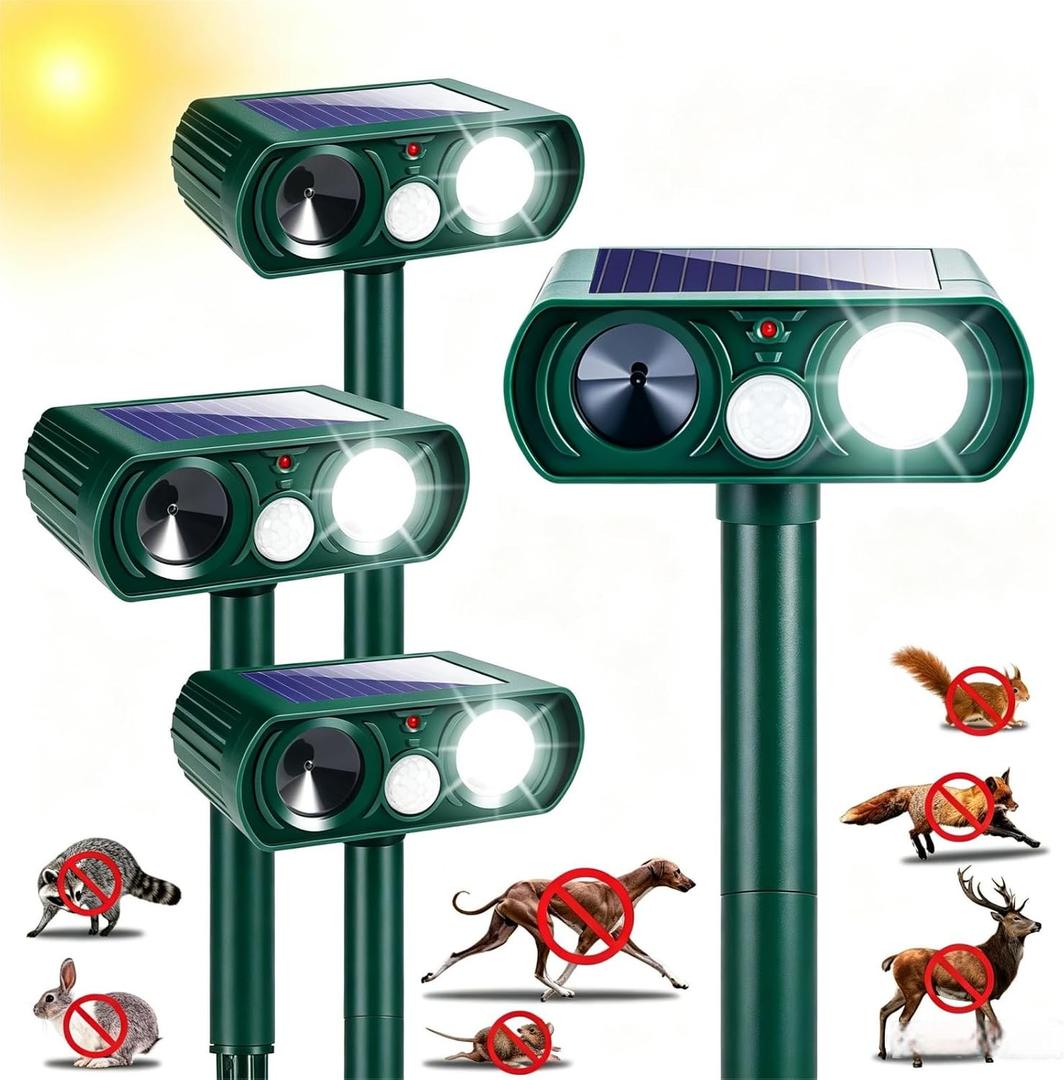 4 Pack Upgraded Sonic Fortress Pro Deer Repellent,Solar Ultrasonic Animal Repellent Outdoor,Squirrel Racoon Fortress Pro Cat Deterrent Dog Repeller IP65 Waterproof,Keep Rabbits,Skunks Away Garden Yard