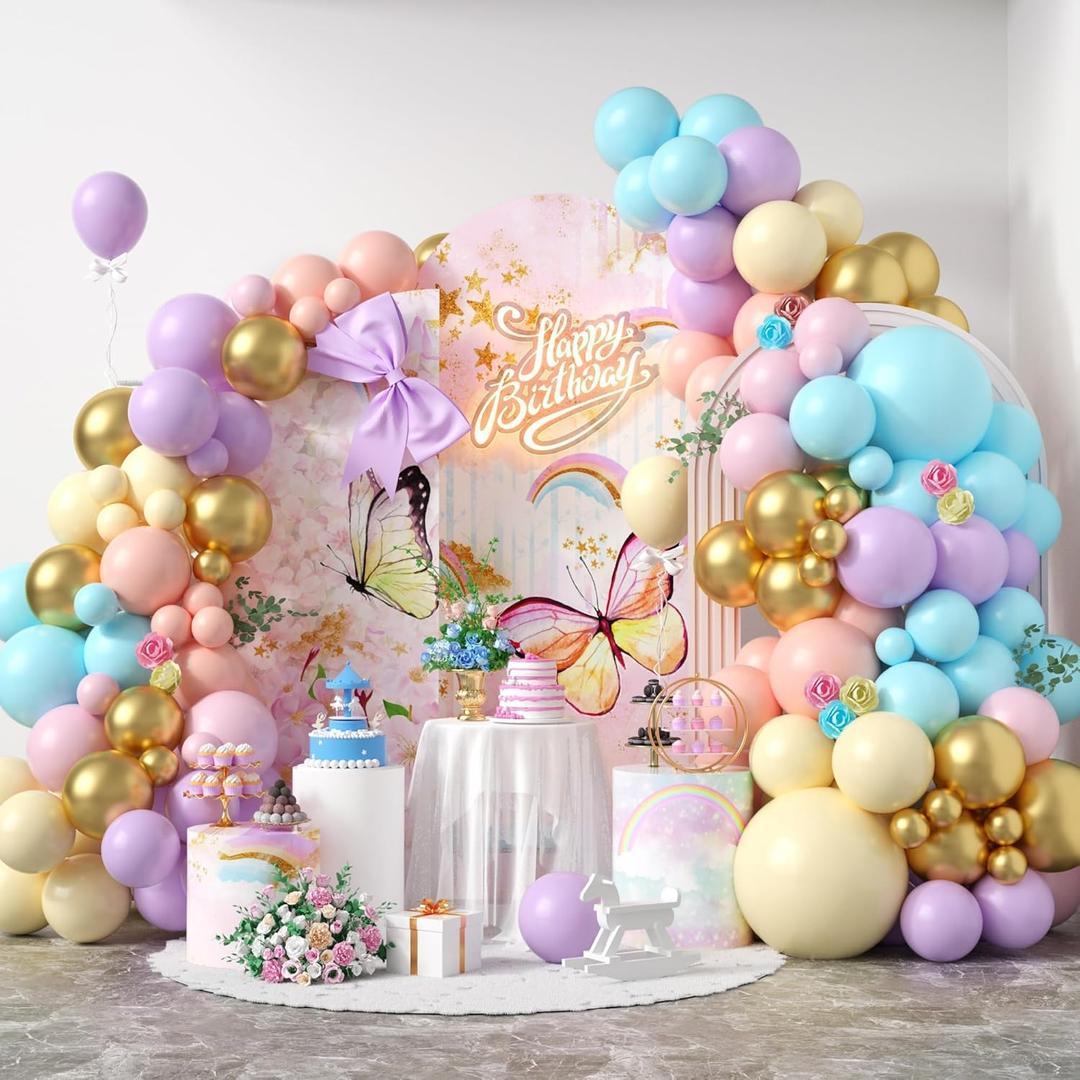 2 x Pastel Balloon Arch, Rainbow Balloon Arch Kit with 18/12/5 inch Macaron Pink Yellow Purple Orange Teal Blue Gold Latex Balloon for Birthday Baby Shower Wedding Pastel Party Decorations