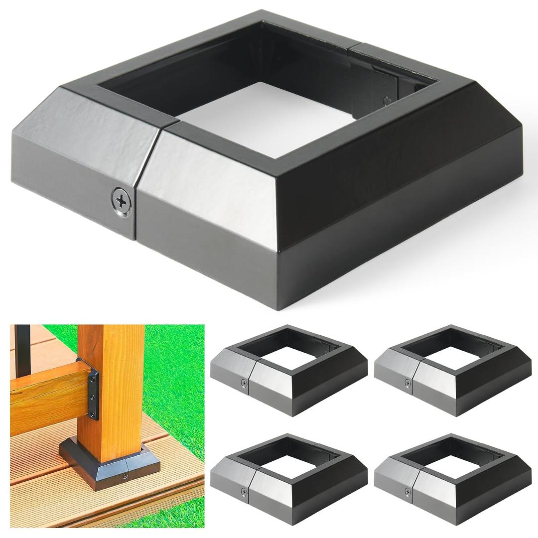 4 pcs 4x4 (Actual: 3.5"x3.5") Aluminum Deck Post Base Cover, for Railings, Stairs, Patios, Porches, Split Deck Post Skirt (Black)