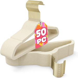 Korpai 50 Pack Kids Velvet Hangers 14 Inch, Non-Slip, Ultra Slim,Space-Saving Kids Hangers with 360 Swivel Hook, 7LBS Capacity, Kids Clothes Hangers Ideal for Youth's Dresses/Shirts/Coats, Beige