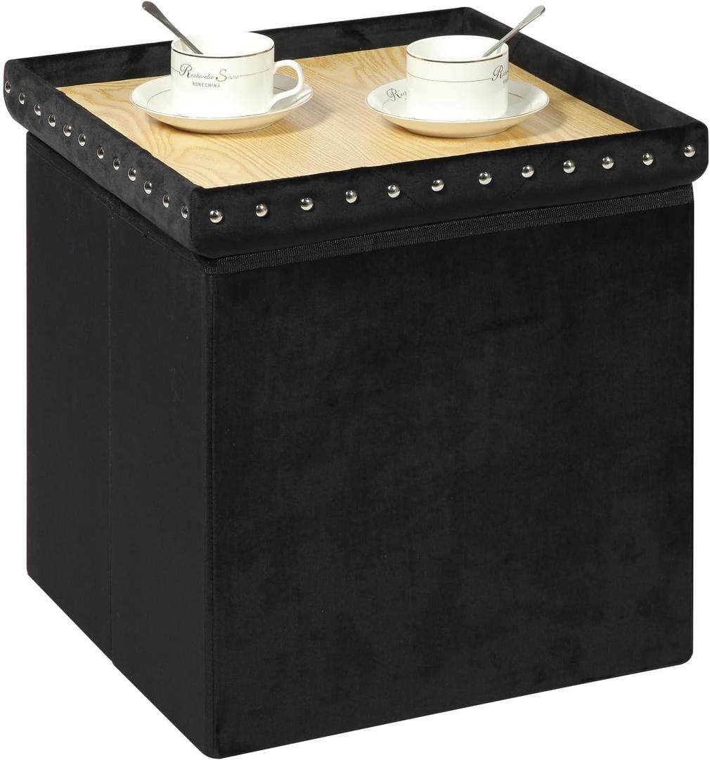 B FSOBEIIALEO Storage-Ottoman Cube-Folding Tufted - Ottomans with Storage, Coffee Table Top Cover, Toy Chest Footrest Stool for Bedroom, Luxury Velvet Fabric 15.7 Inches Black (15.7x15.7x15.7 inches)