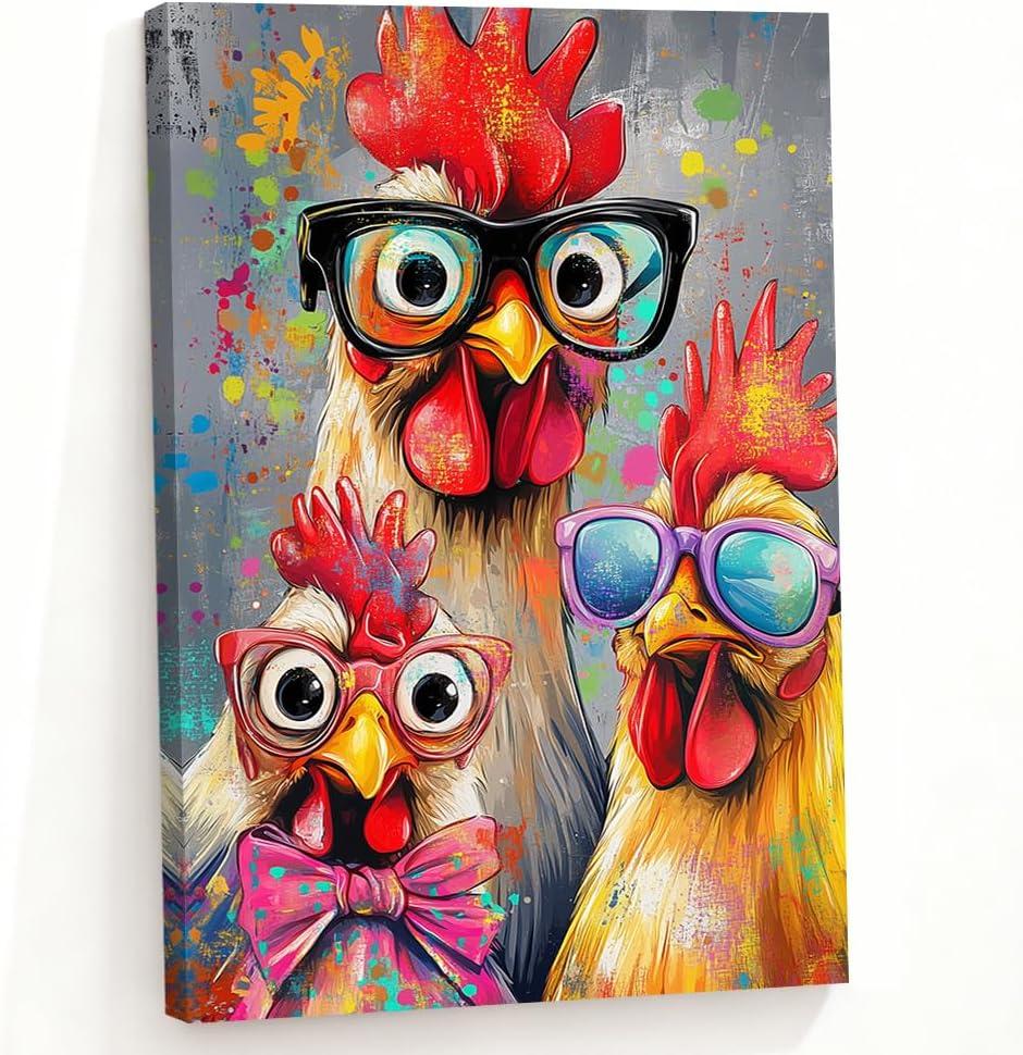 ZQQART Rooster Canvas Wall Art Funny Chicken Portrait Picture Prints Rustic Animal Painting Artwork Farmhouse Kitchen Decor Framed(Yellow,16.00" x 24.00")