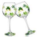 Willinglong 2 Pcs St. Patrick's Day Shamrock Wine Glasses Hand Painted Irish Theme Clover Gold Coin Stemmed Glasses Bar Goblet Cocktail Drinkware Gifts for St. Patrick's Day Party Supplies