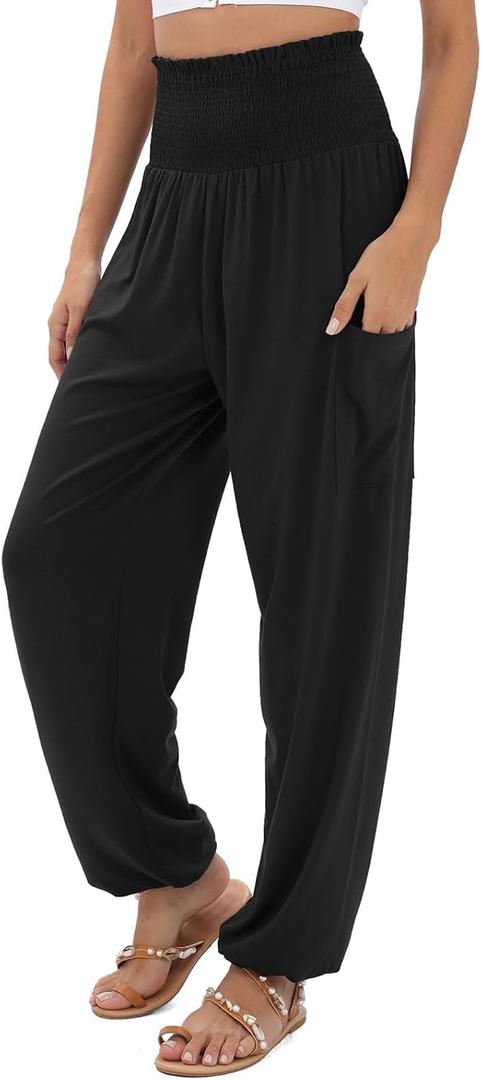QIANXIZHAN Women's Harem Pants, High Waist Yoga Boho Trousers with Pockets (Black, S)