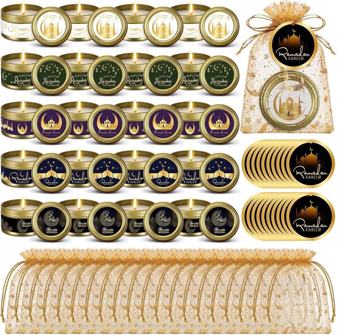 MTLEE 20 Set Ramadan Mubarak Scented Candle with Organza Bag and Cards Ramadan Gifts Eid Candles Muslim Scented Light Islamic Party Favors Gifts for Home Muslim Islam Festival Holiday Decor (Gold)