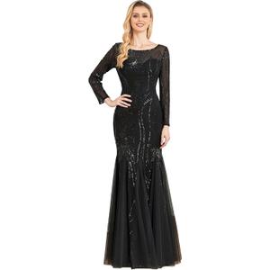 Long Sleeve Sequin Evening Dress Glitter Mermaid Long Gown for Mother of The Bride Or Wedding Guest (XX-Large, Black)