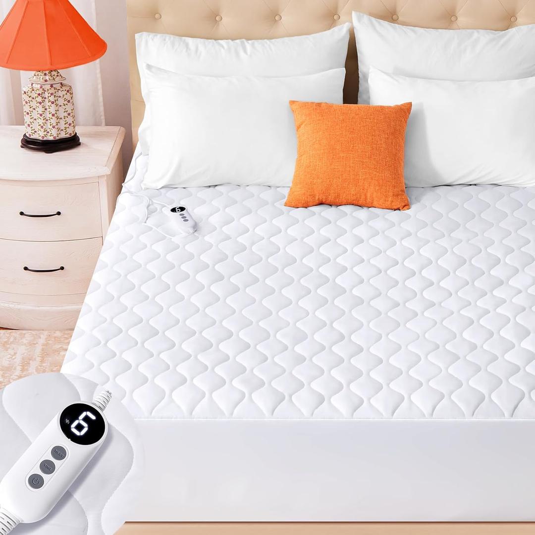 Heated Mattress Pad Twin Size, Quilted Fitted Electric Mattress Pad with 9 Heat Setting Controller, 2/4/6/10 Hours Auto Off, Soft Mattress Cover Stretches up to 21 Inches Deep, White