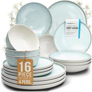 Stoneware dinnerware set 4 persons 16 pcs  Modern style plates and bowls set ceramic  Dishwasher, microwave and scratch resistant  Bowl and plate set  Dinner service Pure Living beige & light blue