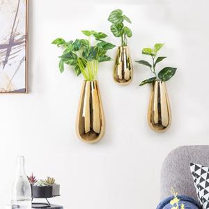 Wall Mount Metallic Gold Flower Vase, Ceramic Hanging Planter with Teardrop Shape, Set of 3 Contemporary Oval Plant Pots