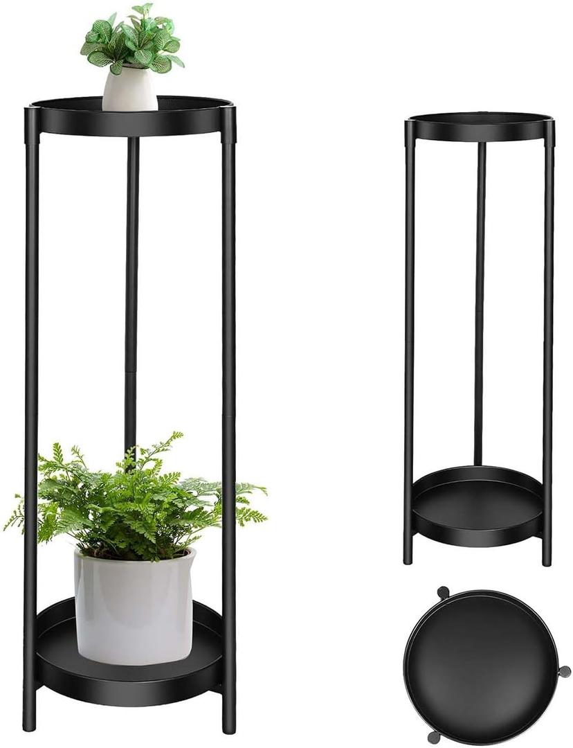 Plant Stand Indoor Outdoor, 2 Tier 24" Tall Black Flower Pot Plant Stands, Heavy Duty Metal Plants Shelf, Rustproof Iron Multiple Plant Round Supports Rack for Planter Corners Garden Balcony Patios