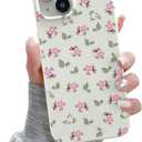 QLTYPRI for iPhone 15 Case, Cute Pink Floral Flower Pattern Aesthetic Phone Case, Raised Camera Protection Soft Slim TPU Shockproof Protective Phone Cover for Girls Women - Pink White